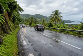 Route humide de Guadeloupe bordée de végétation tropicale, avec quelques voitures circulant prudemment sous un ciel couvert.